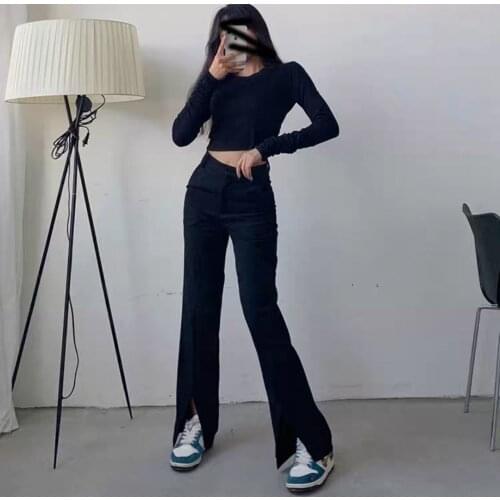 Flared pants womens trousers front slit straight leg ladies Korean style clothes streetwear black flared pants 2021