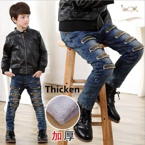 Children Jeans For Boys Clothing Winter Kids Clothes Teenage Boys Casual Trousers Denim Hole Jeans 3 4 5 6 7 8 9 10 11 12 Years