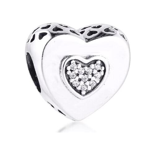 DIY Fits For Pandora Bracelets Signature Heart Beads with Clear CZ 100% Sterling-Silver-Jewelry Charms Free Shipping