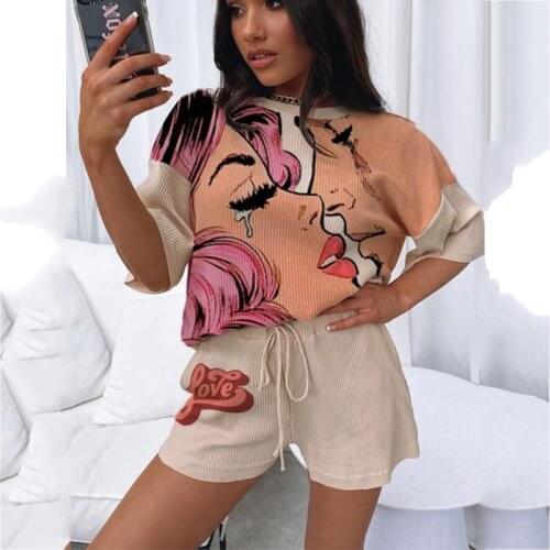 Cry Beauty Print Two Piece Set Women Fashion T Shirt Shorts Sleeve Casual Drawstring Short Sets Streetwear Summer England Style