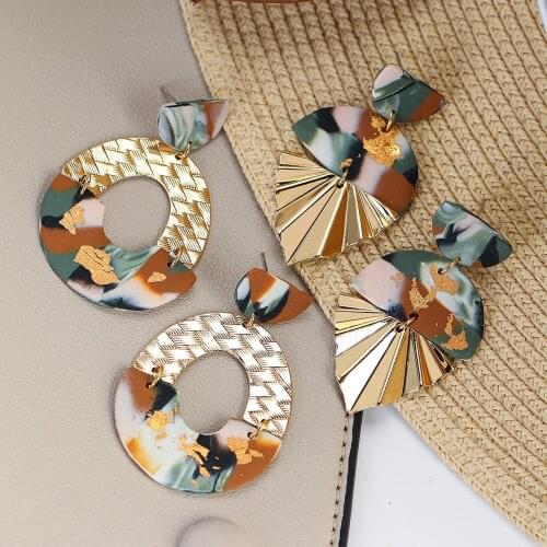 Lifefontier Bohemia Pattern Polymer Clay Drop Earrings for Women Boho Geometric Gold Color Metal Clay Dangle Earrings Jewelry