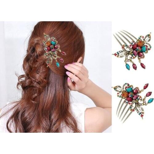 Fashion Women Hair Combs Accessory Retro Rhinestone Flower Tuck Comb Hair Fork Headwear Five-finger Comb