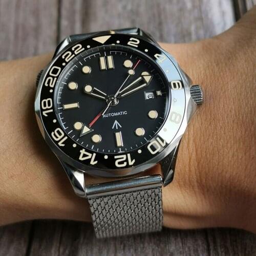 41mm Men Watch Mechanical Automatic Wristwatch GMT Date Window Mental Band Sapphire Glass Rotating Bezel