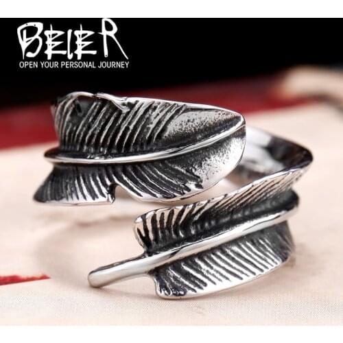 Beier New Arrival Adjustable Feather Ring Stainless Steel VIntage Jewelry For Man Woman LLBR8-276R US size