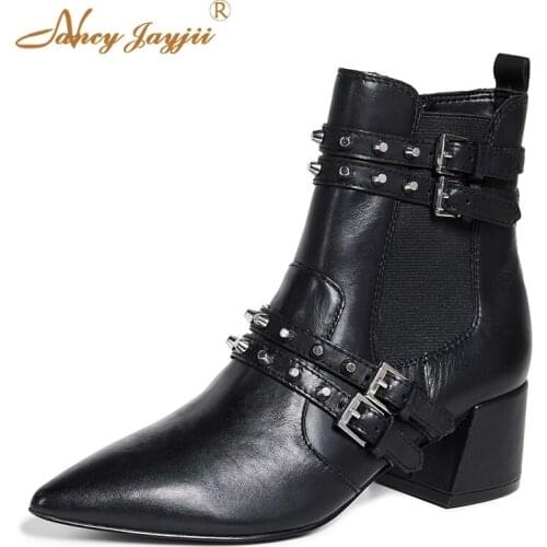Black Motorcycles Boots Chelsa Women Ankle Bota Ladies Shoes Luxury Rivets Buckle Strap Plush Block Heel Low Big Size 45 43 44