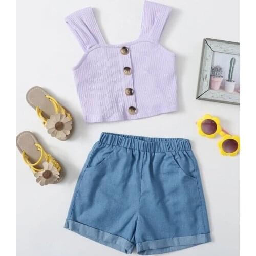 New Girls Casual Two-piece Clothes Set, Solid Color Square Collar Sleeveless Tops and Shorts, Purple/ White/ Yellow