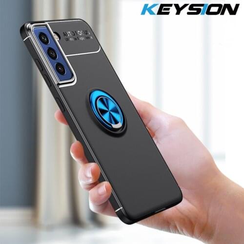 KEYSION Shockproof Phone Case for Samsung S21FE S21 Ultra Silicone Metal Ring Stand Phone back cover for Galaxy S21Fan Edition