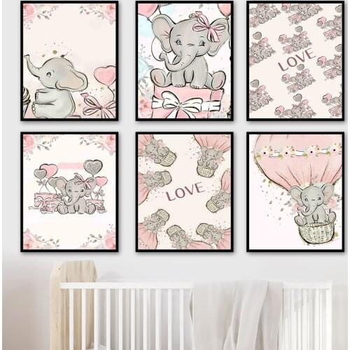 Pink Flower Elephant Hot Air Balloon Love Wall Art Canvas Painting Nordic Posters And Prints Wall Pictures Baby Kids Room Decor