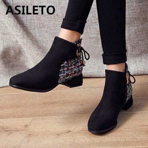 ASILETO Square heel boots Women boots flock Knot Zipper Pointed toe Ankle boots for women Patchwork Fashion Casual Cool S2399