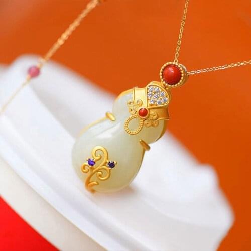 Silver inlaid natural Hetian white jade gourd Pendant Necklace Chinese style retro unique ancient gold craft charm brand jewelry