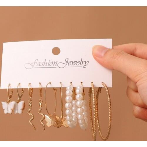 FNIO Vintage Metal Circle Pearl Hoop Drop Earrings Sets For Women Fashion Geometric Round Earrings 2021 Trend Jewelry Set