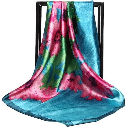 2021 Fashion New Silk Scarves Sunflower oil Painting Flower Pattern Simulation 90cm Square Scarf Girl Muslim Headscarf Shawls