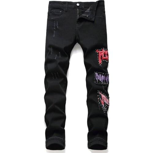 KIOVNO Mens Rivet Ripped Jeans Pants Stretch Embroidery Denim Trousers Male Streetwear