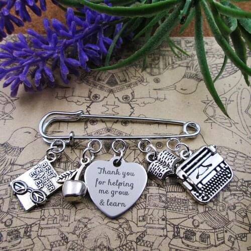 Thank You For Helping Me Grow & Learn Teacher Theme Silver Plated Charm Brooch Gift Birthday