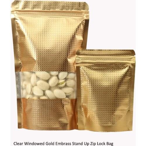 Bag 9sizes 100pcs Clear Windowed Gold Embrass Stand Up Zipper Lock Bag Self Seal Food Storage Retail Packaging Pouch