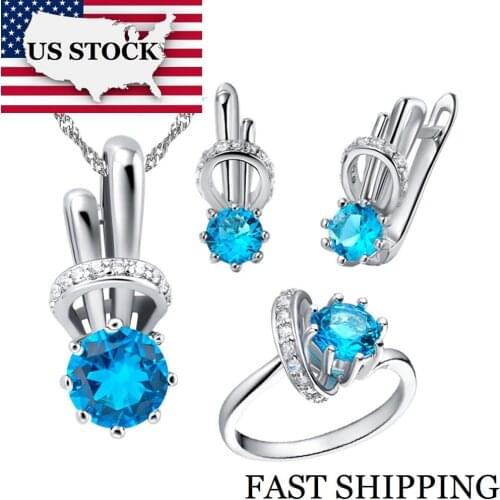 USA STOCK Uloveido 45% Fashion Wedding Jewelry Sets Gifts for Women Blue Crystal Ring Necklace Earrings Jewelry Set Bijoux T225