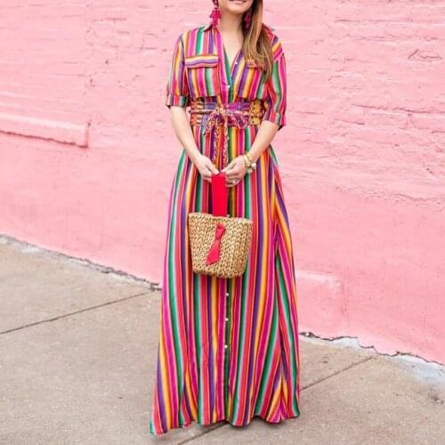 Women Bohemia Dress indie Casual Summer Loose Long Maxi Striped Print Button Down Shirt Boho Dresses 2021 Plus Size aesthetic