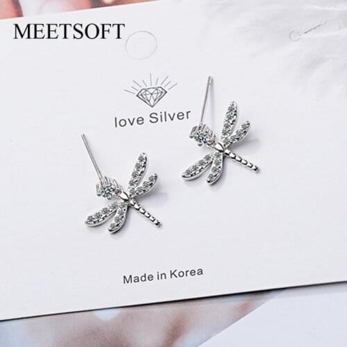 MEETSOFT 925 Sterling Silver Prevent Allergy Drop Earrings for Women Trendy Design Small Dragonfly Jewelry Gift