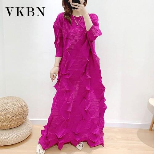 VKBN Summer Dress Women Diamond Ruched Casual O-Neck Three Quarter Loose Waist Y2k Dress Evening Orange Purple Rose Red