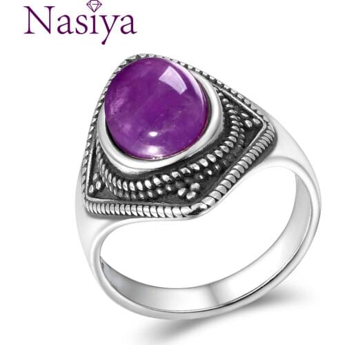 Vintage 8x10MM Natural Oval Amethyst Rings 925 Silver Fine Jewelry for Women Anniversary Party Birthday Gift