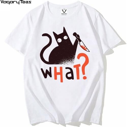 2021 Black Cat What Tshirt Cat What Funny Cat Murderous Cat With Knife men Funny T Shirt Halloween unisex streetwear top tee