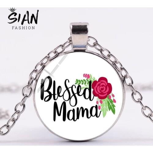 SIAN Fashion Blessed Mama Papa Letter Necklace Silver Plated Chain Glass Cabochon Pendant Necklace Mothers Fathers Day Best Gift
