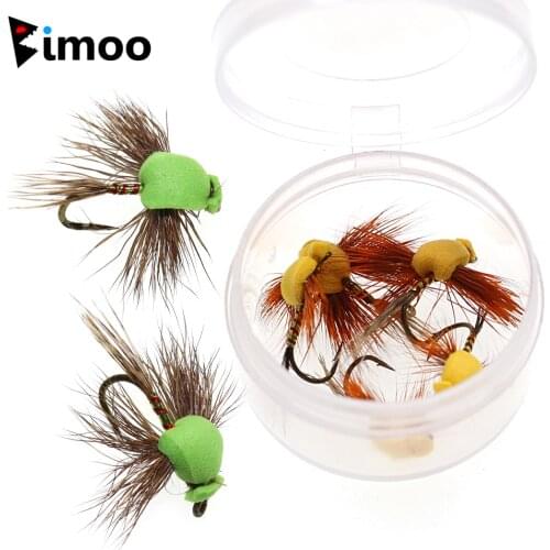 Bimoo 6PCS #12 #14 Deer Hair Foam Flies Trout Bass Fishing Floating Dry Fly Aritifical Lure Baits Green Yellow