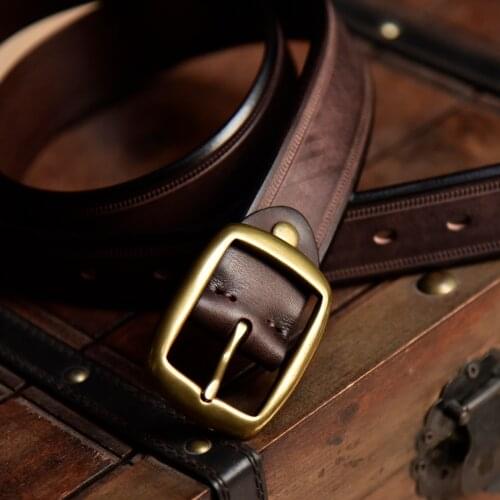 Brand Mens Belt Head Layer Cowhide Business Casual Leather Pure Copper Pin Buckle Belt Retro Embossed Durable Bandwidth 3.3cm