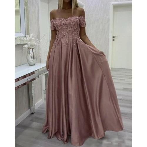 Long Satin Lace Off Shoulder Prom Dresses Long A Line Formal Evening Party Gown Robe De Soiree