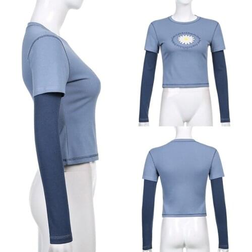 Flower Print Cute T-Shirts Women Blue Vintage Aesthetic Clothes Patchwork Long Sleeve Harajuku Graphic Tees