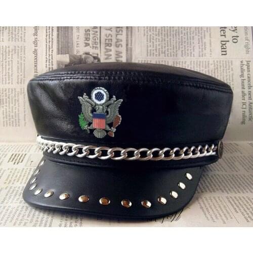 Genuine Sheepskin Leather Germany Officer Visor Cap Army Military Flat Hats Real Leather Captain Navy Cap Punk Motorcycle Hat