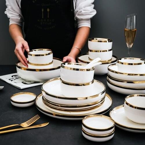 Ceramic Dinnerware Set White Gold Stroke Ceramic Dinner Plate Set Steak Tableware Rice Soup Bowl Spoon Dish Home Decoration