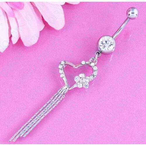 Crystal heart flower with fringed belly button ring navel Bar body piercing fashion jewelry nickel-free