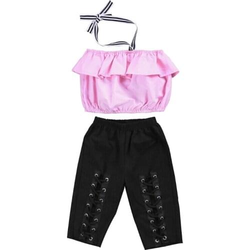 2PCS Kids Baby Girl Clothes Set Stylish Camisole off shoulder Ruffles Crop Tops+Destroyed Hole Belt Leggings Outfits