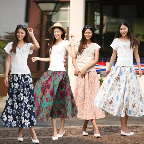 New autumn spring summer bohemian elastic high waist skirt fresh fashion cotton linen skirt expansion bust long skirts women