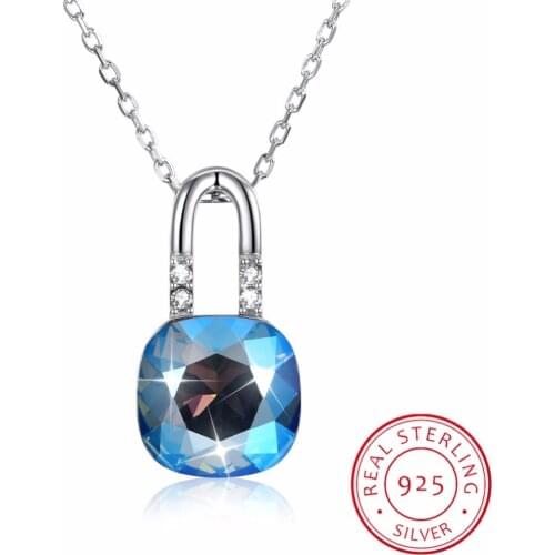 Lekani Square Crystals From Swarovski Pendants Necklaces Fashion Lock Chain Collares For Women Real 925 Sterling Silver Jewelry