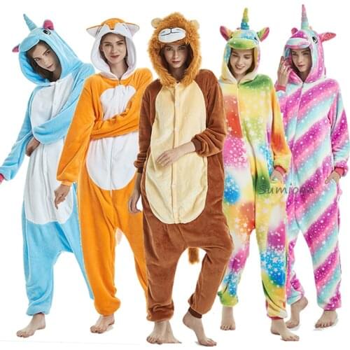 2020 Unicorn Pajamas onesie Women Kigurumi Panda Winter Flannel Pajama Kigurumi Adult Animal unicornio Sleepwear Overalls