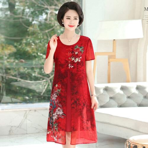 2021 Women Spring Summer Casual Loose Dress Female Midd-aged Plus Size Short Sleeve Vestido Lady O-neck Flower Print Dresses J07