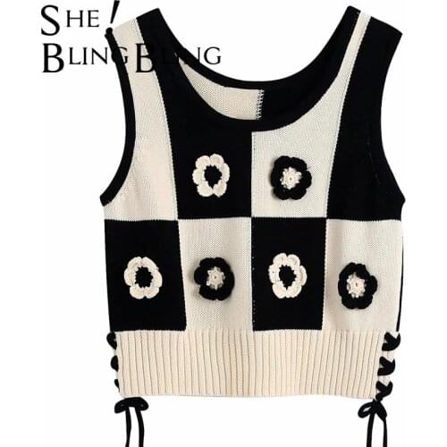 SheBlingBling Za Woman 2021 Crop Tops Autumn Sleeveless Sweet Girls Crocheted Flowers Cross Tie Side Plaid Traf Vest Knit Gilets