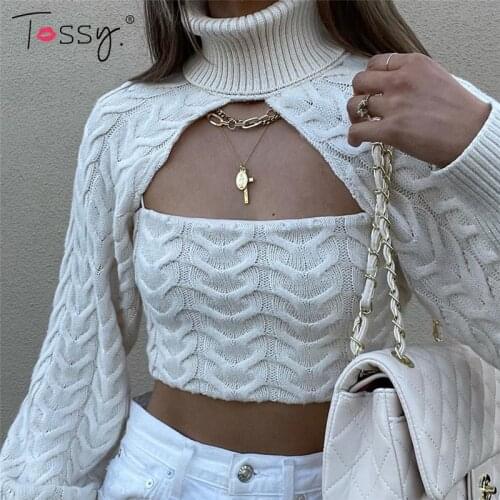 Tossy Sweater Jumper For Women Fall white Knit Croppd Top Spaghetti Sexy Camis 2 Pieces Sets 90S Korean Hollow Out Sweater