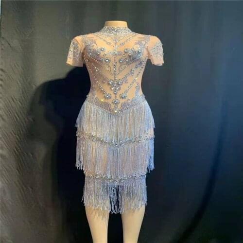 T67 Sexy women pole dance hip skirt mesh rhinestone female dress bar tassel outfit birthday evening party wears crystal costume