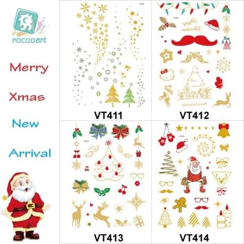 Rocooart Christmas Tattoo Metallic Fake Tattoo Merry Xmas Flash Taty Body Art Waterproof Temporary Tattoo Stickers Kids Gift