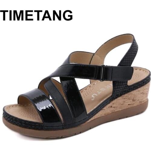 TIMETANG 2021 Summer Sandals Women Fashion Lightweight Thick Bottom Wedges Shoes Ladies Soft PU Leather Comfortable Beach Sandal
