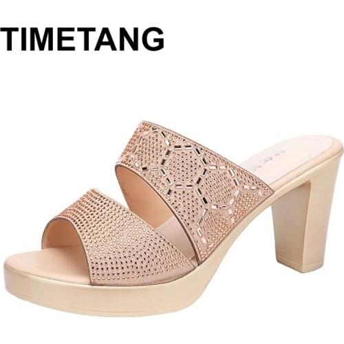 TIMETANG Med Shoes Slippers Soft Gold Sandals Women Heels Peep Toe Slides Big Size Pantofle Fashion Square heel Comfort High