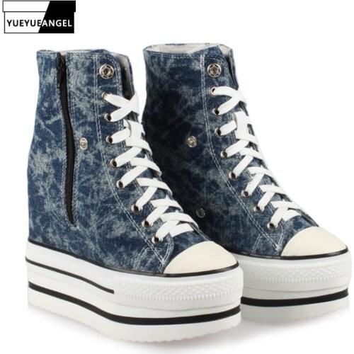 Spring Women High Top Thick Platform Canvas Shoes Hip Hop Height Increasing Super High Heel Wedges Casual Lace Up Sneakers Pumps