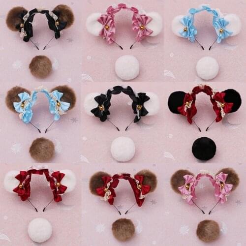 Japanese Lolita Bear Ears Lace Bow Bell Headband with Round Plush Animal Tail Set Anime Kawaii Cosplay Costume Hair for M6CD