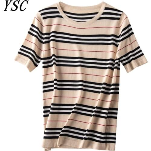 YSC 2020 New pattern Women Knitting blended yarn Sweater Round collar Short sleeve Good ventilation Stripe style pullover