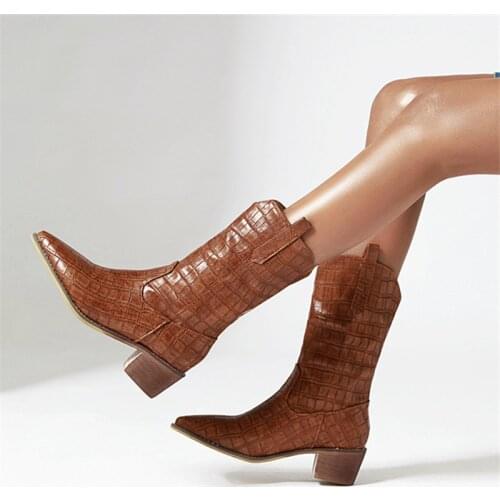 Snake Leather Ankle Boots Pointe Toe Autumn Winter Boots Thick Heel Comfy Shoes Women Bota Feminina Zapatos De Mujer