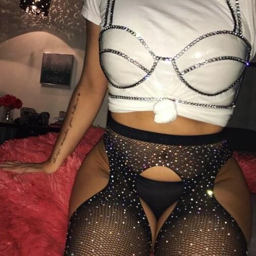 Women Sexy Tights Open Crotch Stockings Rhinestone Black Collant Fantaisie Femme Crotchless Fishnet Pantyhose