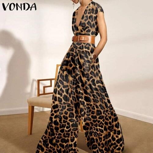 Elegant Jumpsuits 2021 Women Deep V Neck Leopard Print Jumpsuits Femme Wide Leg Pants Playsuits PalazzoTrousers Pantalon